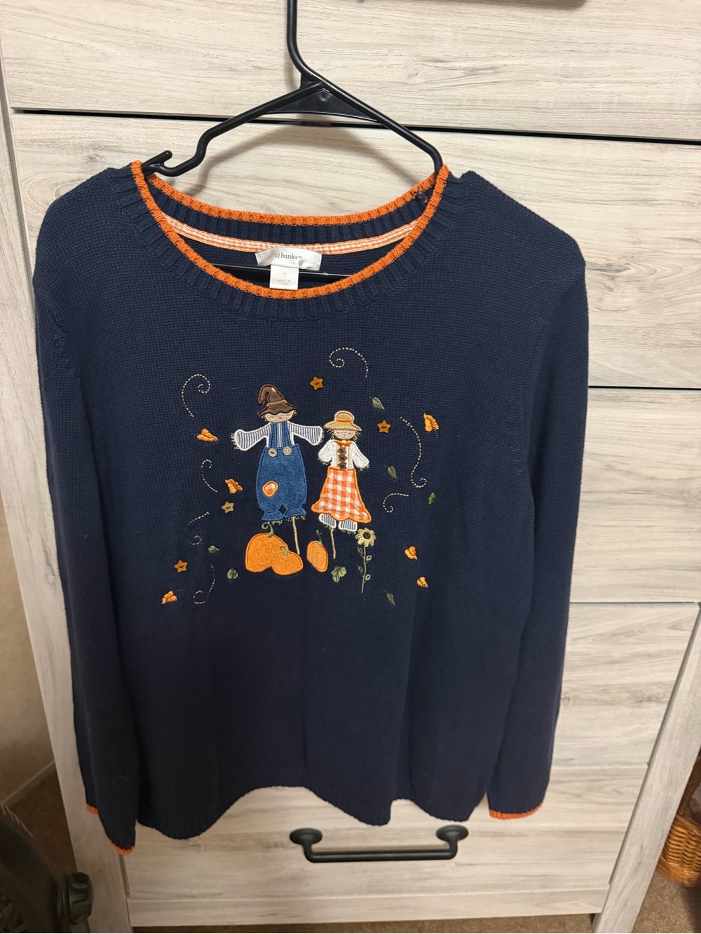 CJ Banks Navy Sweater with Orange Trim and Fall Embroidery